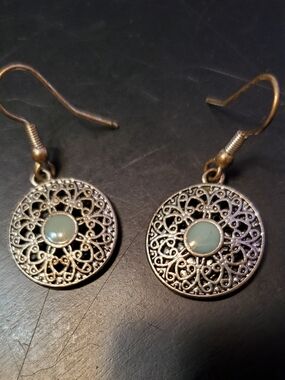 Faux‎ Silver Pierced Earrings With Blue Stone Jewelry Women Preowned